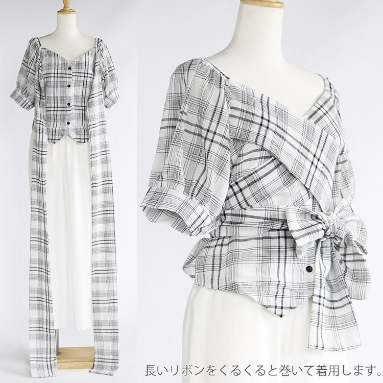 ウエストリボン Vネック チェック柄 ブラウス