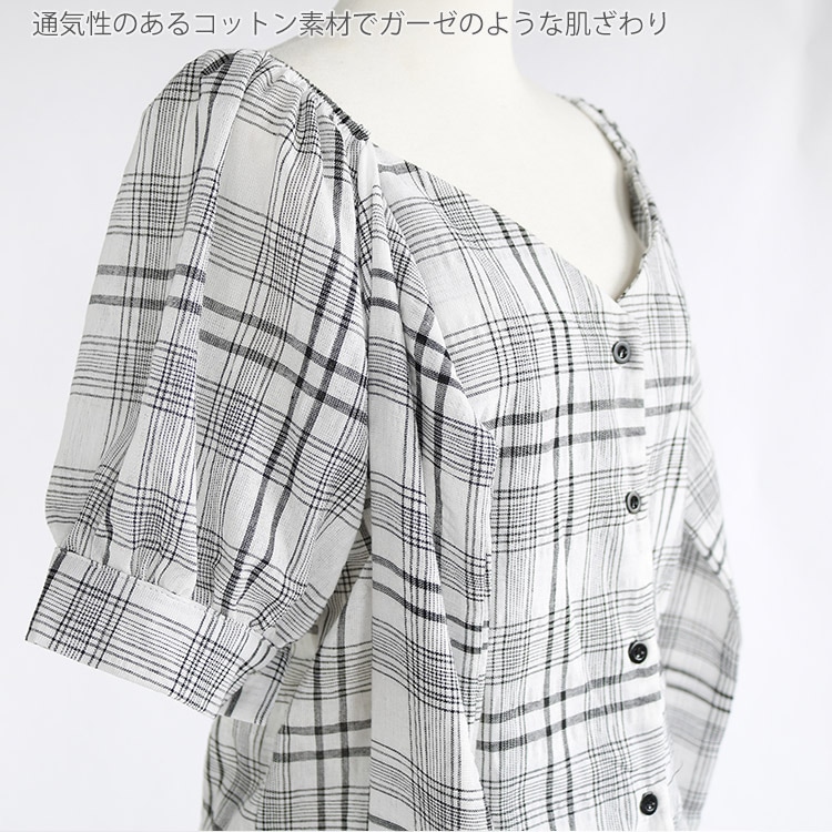 ウエストリボン Vネック チェック柄 ブラウス