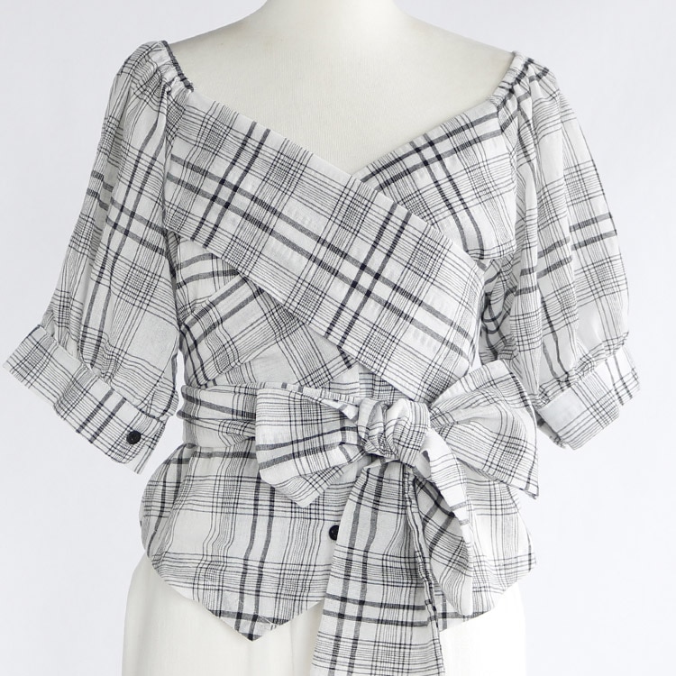 ウエストリボン Vネック チェック柄 ブラウス