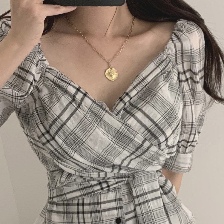 ウエストリボン Vネック チェック柄 ブラウス
