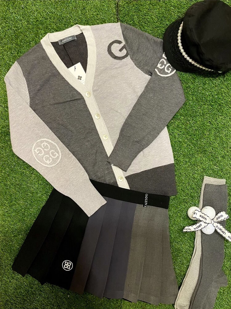 韓国ゴルフウェア バイカラー 長袖 ニットカーディガン