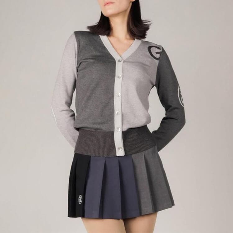 韓国ゴルフウェア バイカラー 長袖 ニットカーディガン
