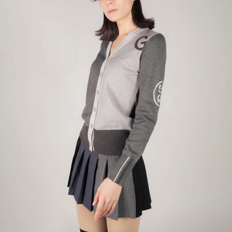 韓国ゴルフウェア バイカラー 長袖 ニットカーディガン