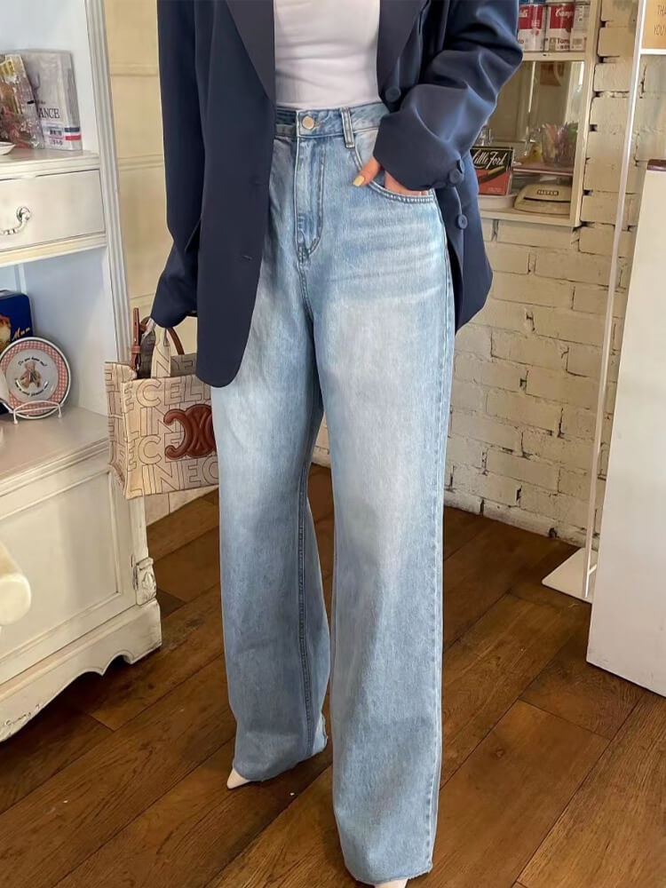 ハート型プリント ウオッシュ加工 ワイド デニムパンツ