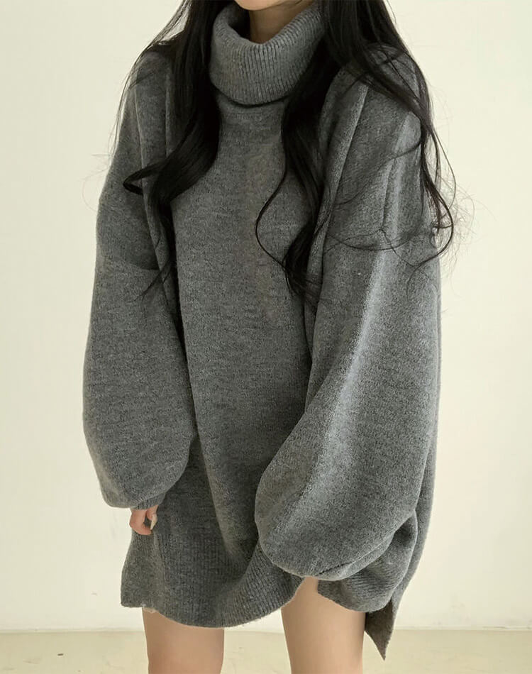 ゆったり ひざ丈 タートルネック ニットワンピース