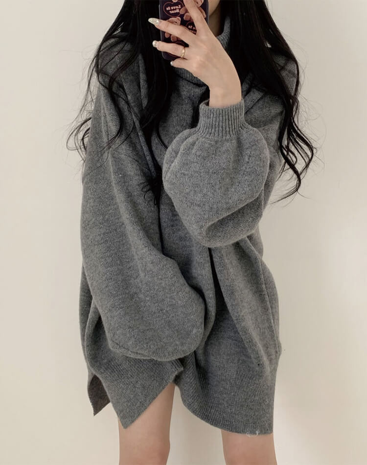 ゆったり ひざ丈 タートルネック ニットワンピース