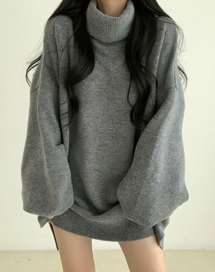 ゆったり ひざ丈 タートルネック ニットワンピース