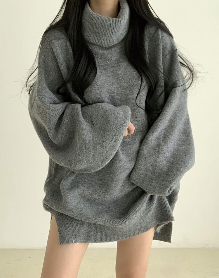 ゆったり ひざ丈 タートルネック ニットワンピース