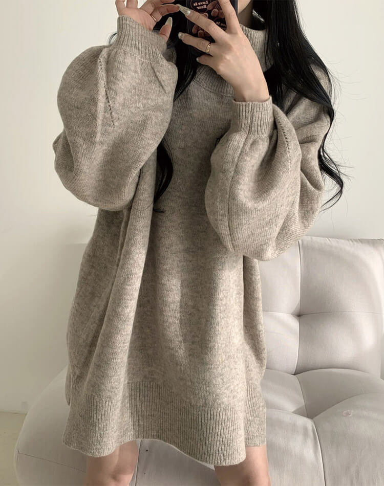 ゆったり ひざ丈 タートルネック ニットワンピース