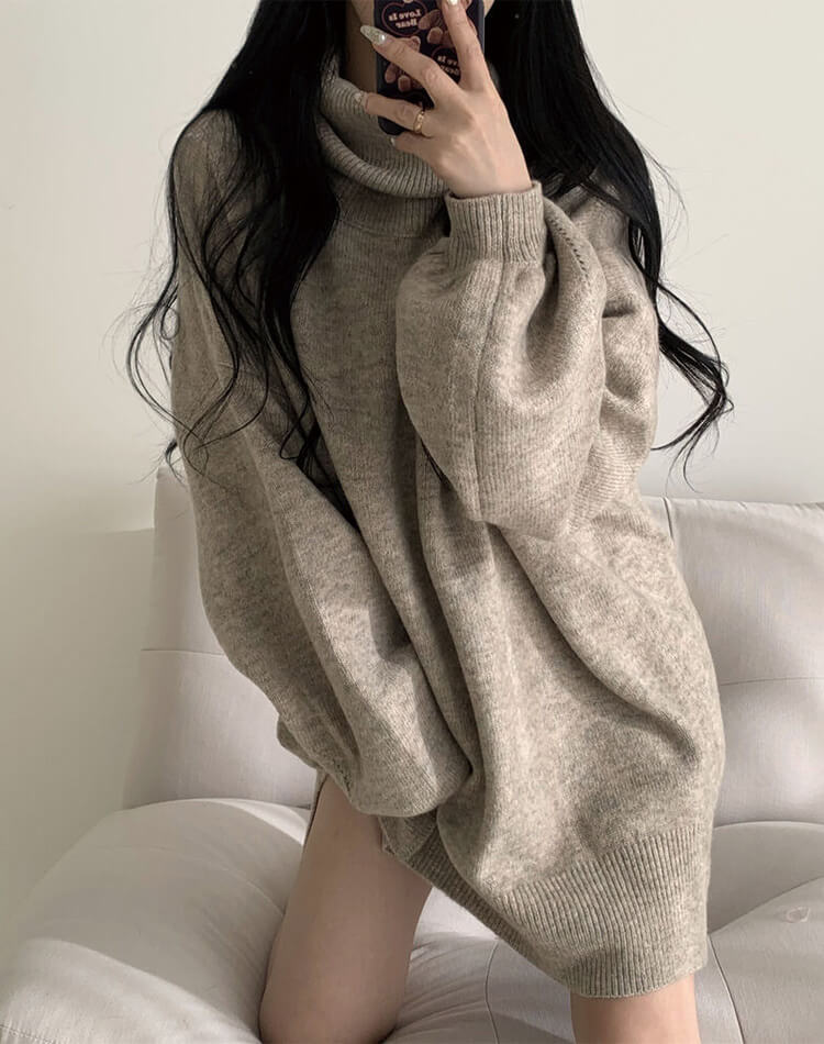 ゆったり ひざ丈 タートルネック ニットワンピース