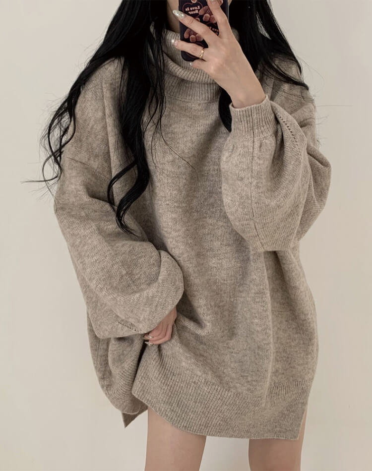 ゆったり ひざ丈 タートルネック ニットワンピース
