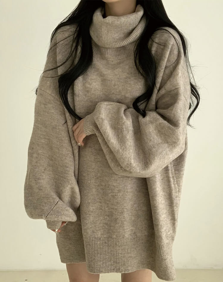 ゆったり ひざ丈 タートルネック ニットワンピース