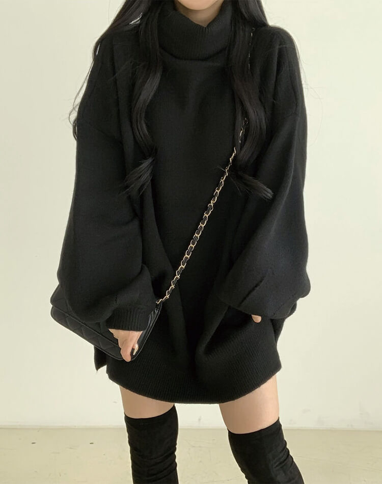 ゆったり ひざ丈 タートルネック ニットワンピース