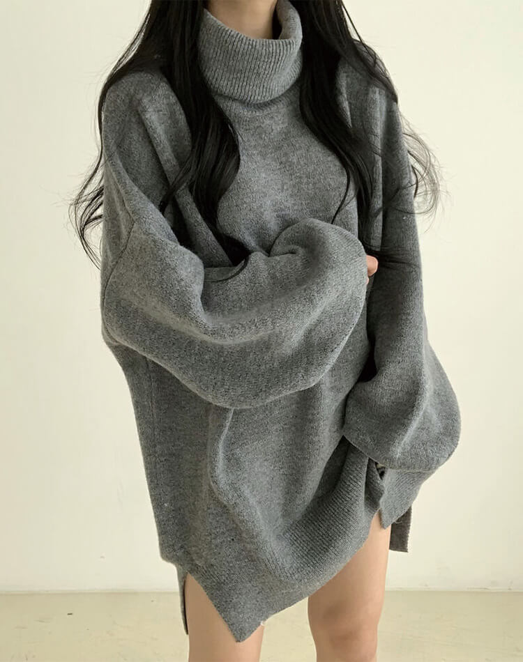 ゆったり ひざ丈 タートルネック ニットワンピース