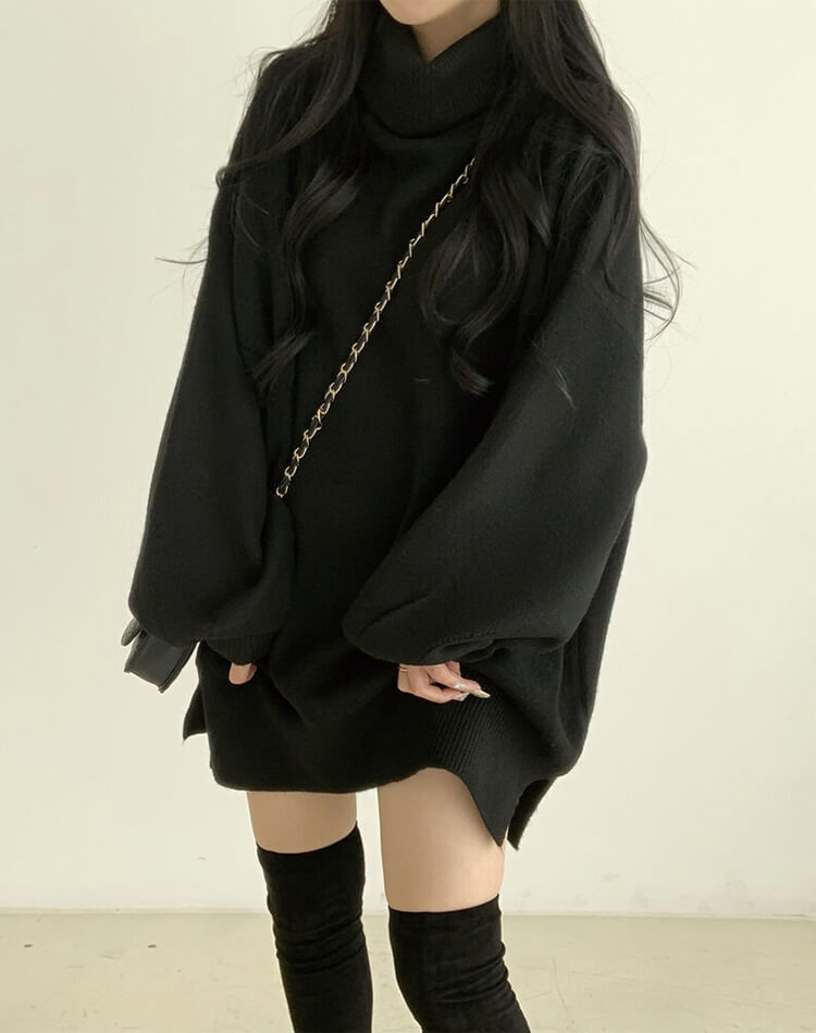 ゆったり ひざ丈 タートルネック ニットワンピース