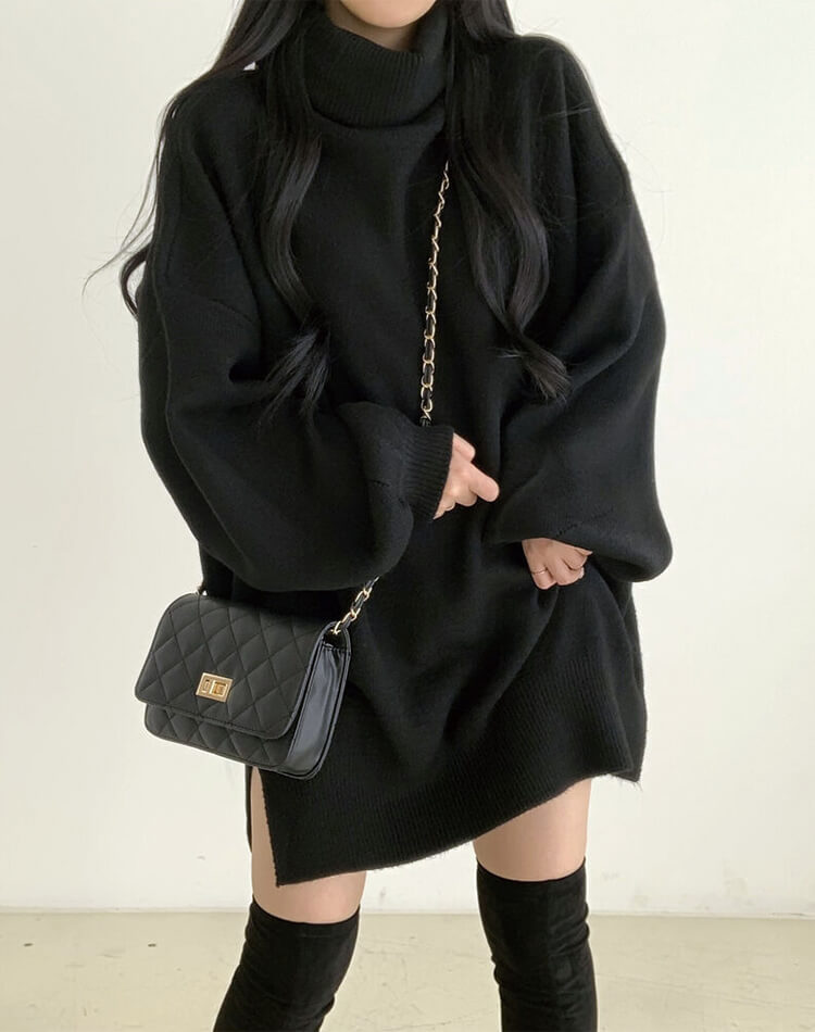 ゆったり ひざ丈 タートルネック ニットワンピース