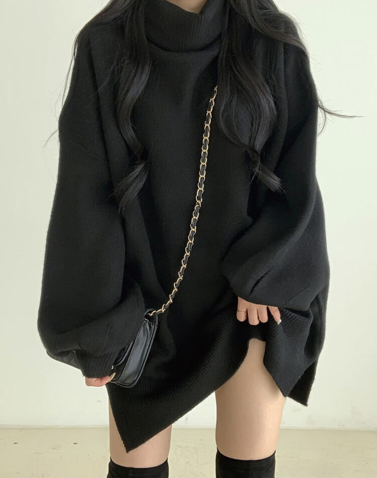 ゆったり ひざ丈 タートルネック ニットワンピース