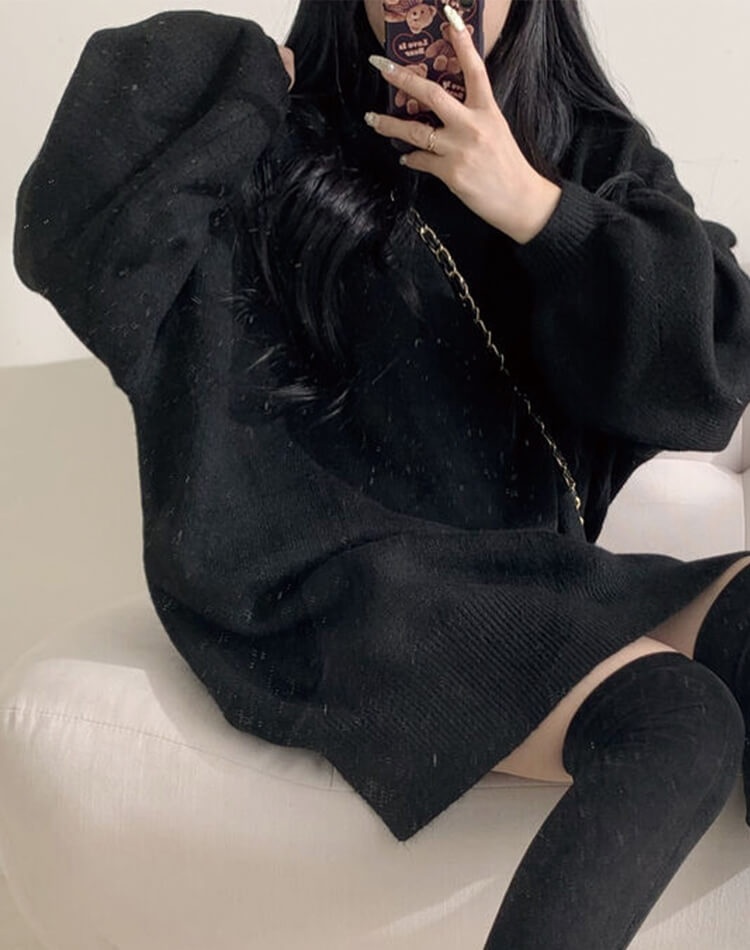 ゆったり ひざ丈 タートルネック ニットワンピース