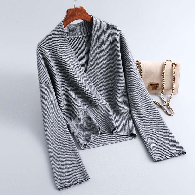 カシュクール風 クロス Vネック ショート丈 ニット