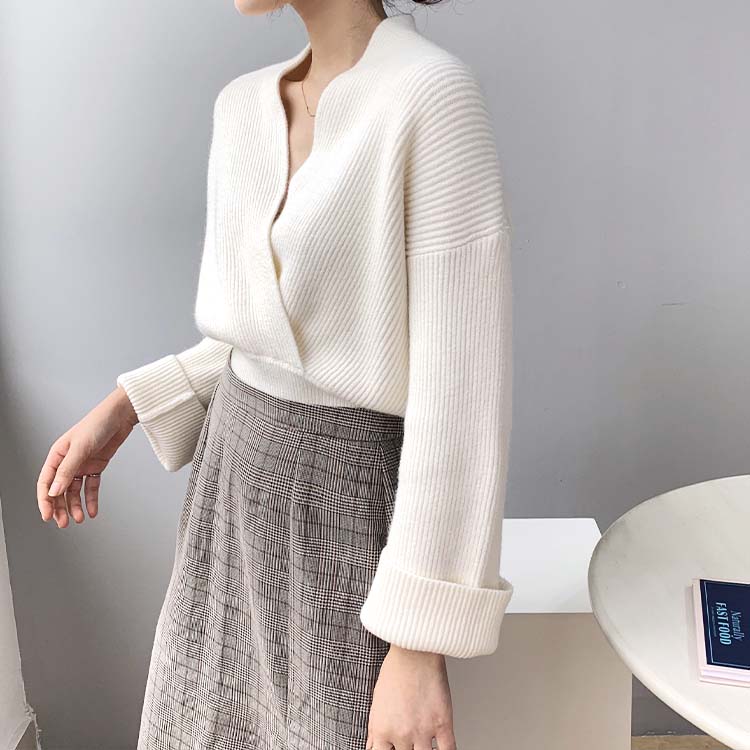 カシュクール風 クロス Vネック ショート丈 ニット