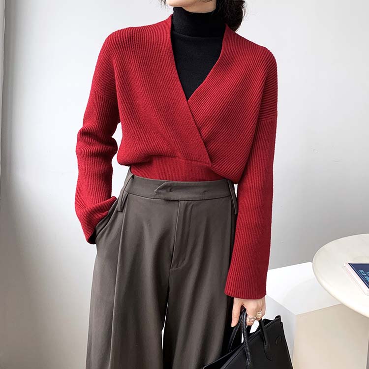 カシュクール風 クロス Vネック ショート丈 ニット