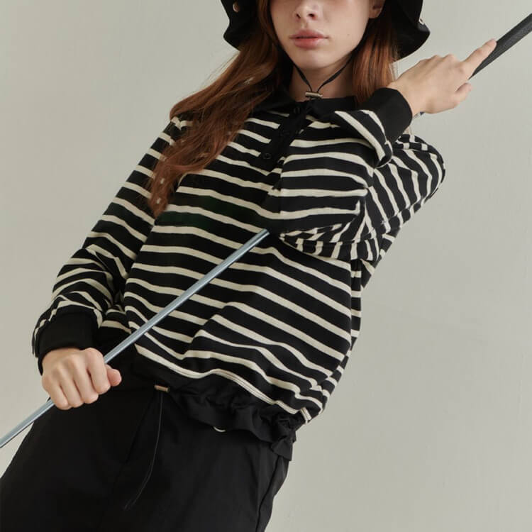 韓国ゴルフウェア 長袖 ボーダー ポロシャツ