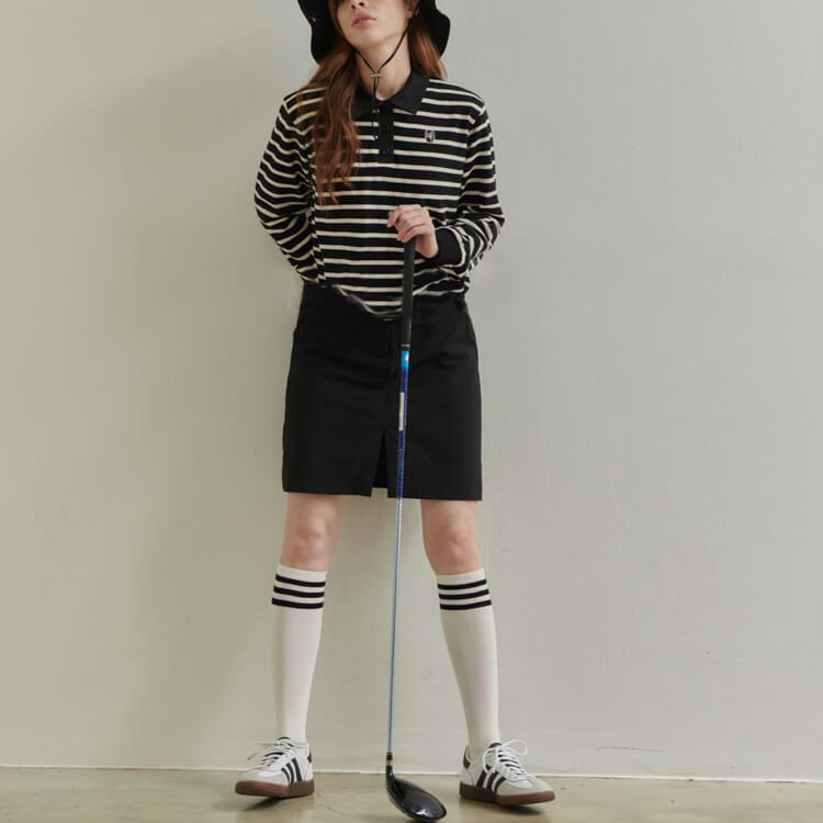 韓国ゴルフウェア 長袖 ボーダー ポロシャツ