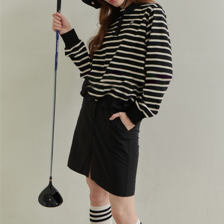 韓国ゴルフウェア 長袖 ボーダー ポロシャツ