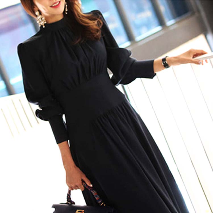 エレガント ランタンスリーブ モックネック ロングワンピース