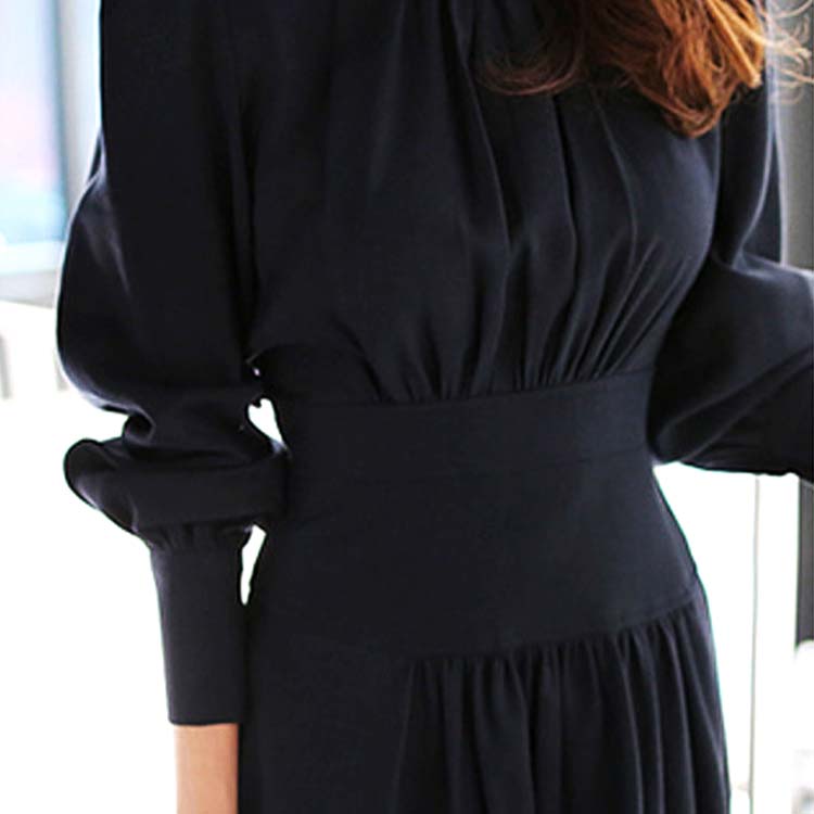 エレガント ランタンスリーブ モックネック ロングワンピース