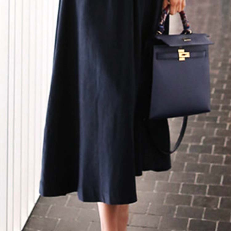 エレガント ランタンスリーブ モックネック ロングワンピース