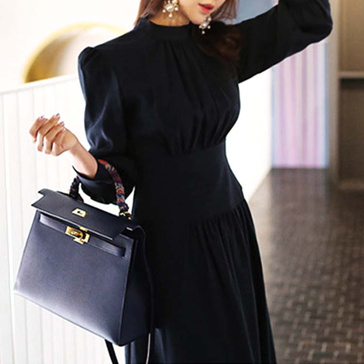 エレガント ランタンスリーブ モックネック ロングワンピース