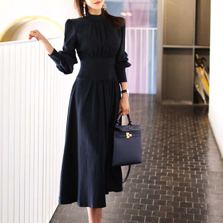 エレガント ランタンスリーブ モックネック ロングワンピース