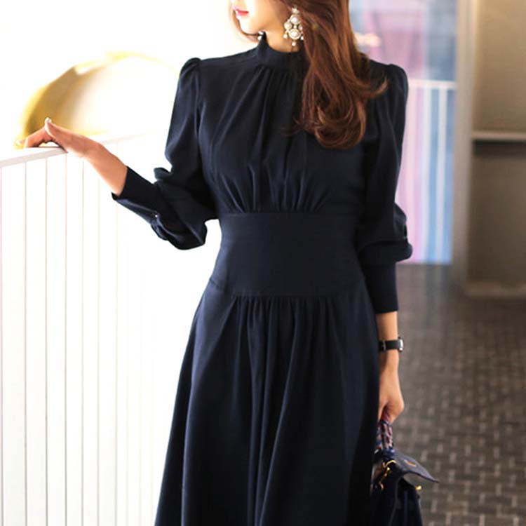 エレガント ランタンスリーブ モックネック ロングワンピース