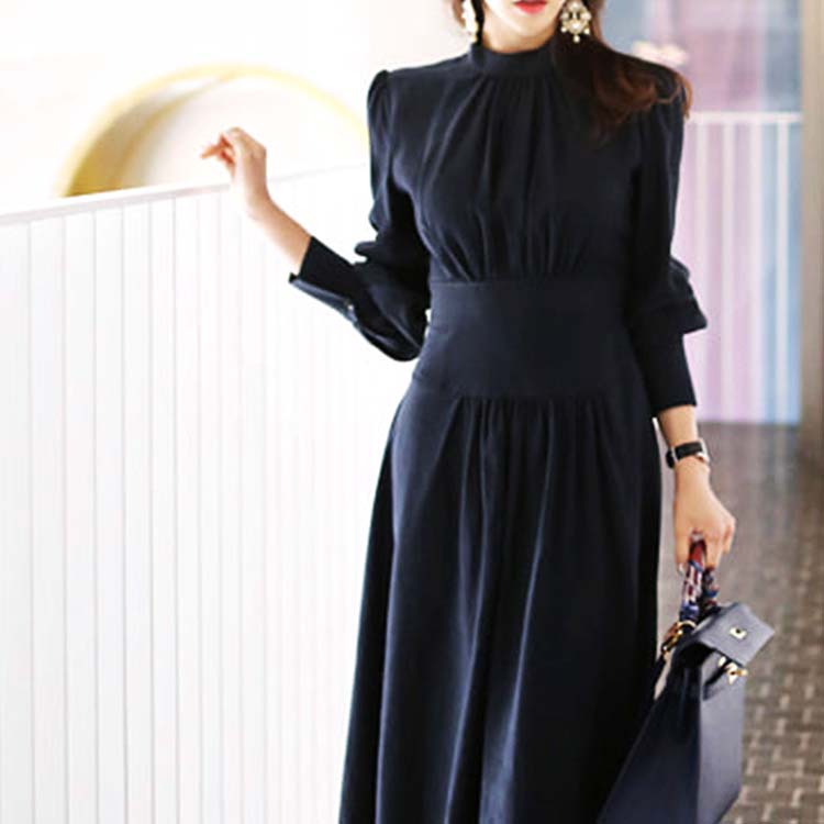 エレガント ランタンスリーブ モックネック ロングワンピース