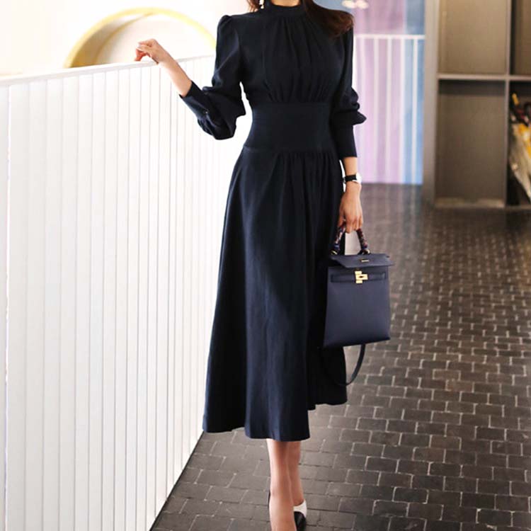 エレガント ランタンスリーブ モックネック ロングワンピース