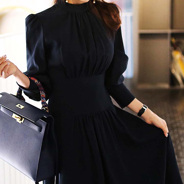 エレガント ランタンスリーブ モックネック ロングワンピース