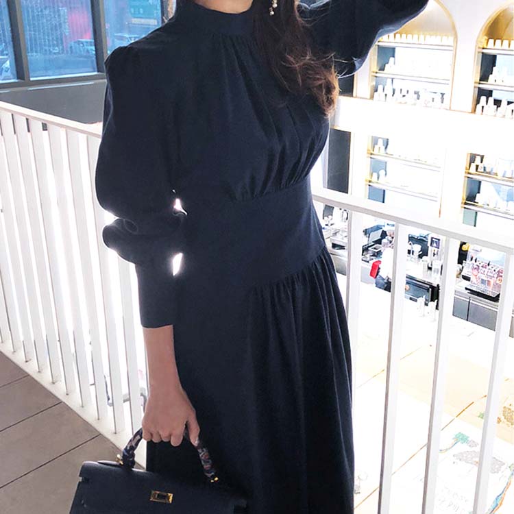 エレガント ランタンスリーブ モックネック ロングワンピース
