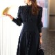エレガント ランタンスリーブ モックネック ロングワンピース