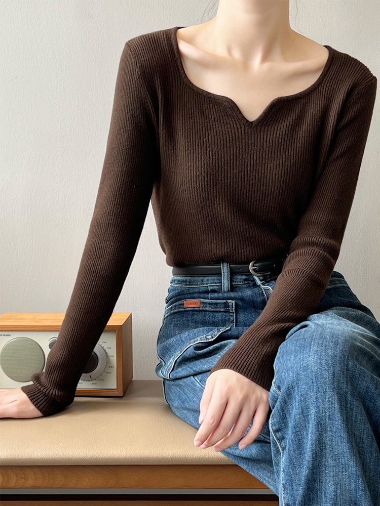 エレガント キーネック 長袖 ニット トップス