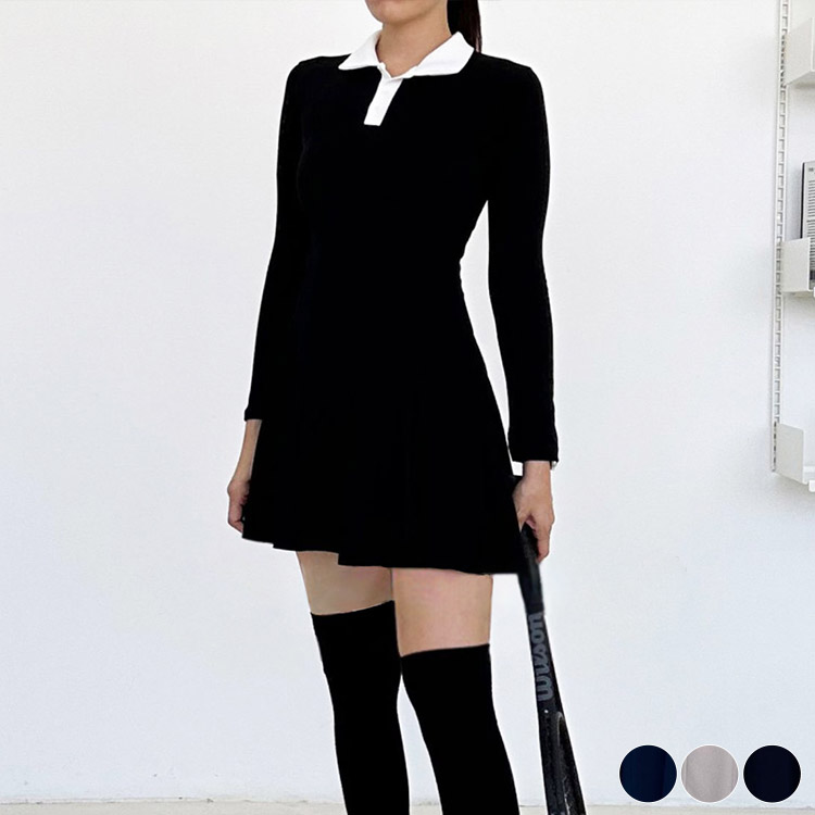 韓国ゴルフウェア シンプル 長袖 ポロシャツワンピース