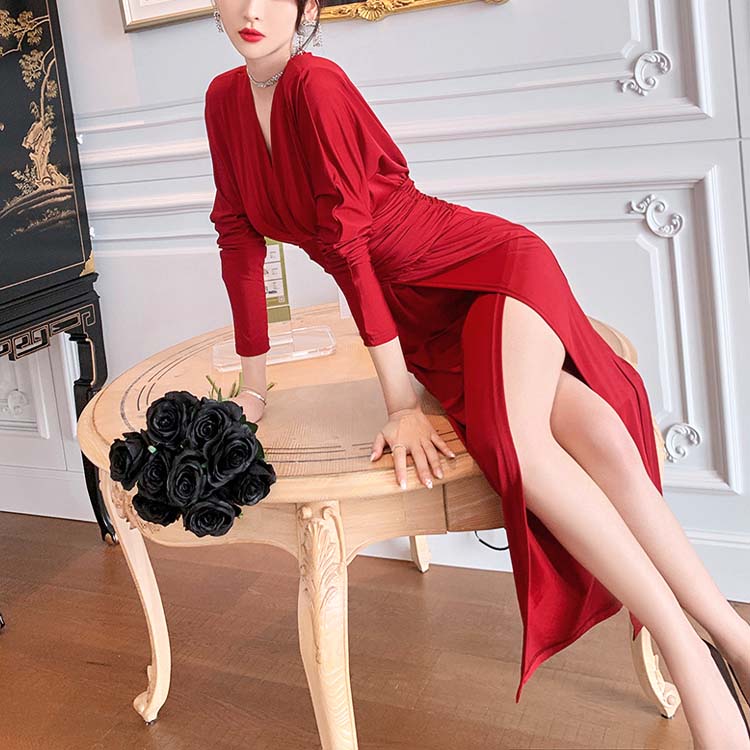 エレガント ドルマン袖 深スリット ロングワンピース