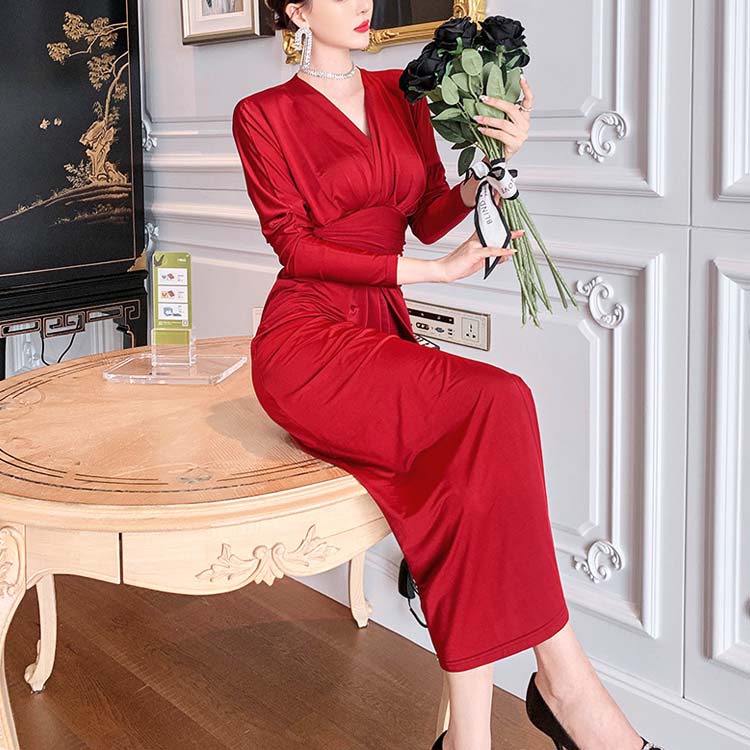 エレガント ドルマン袖 深スリット ロングワンピース