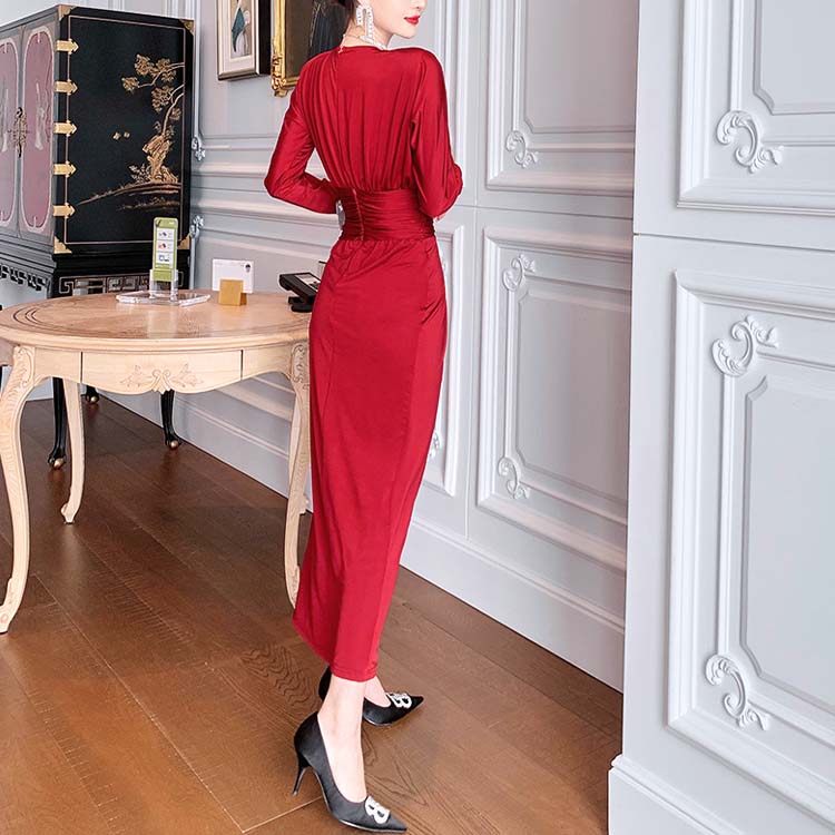 エレガント ドルマン袖 深スリット ロングワンピース