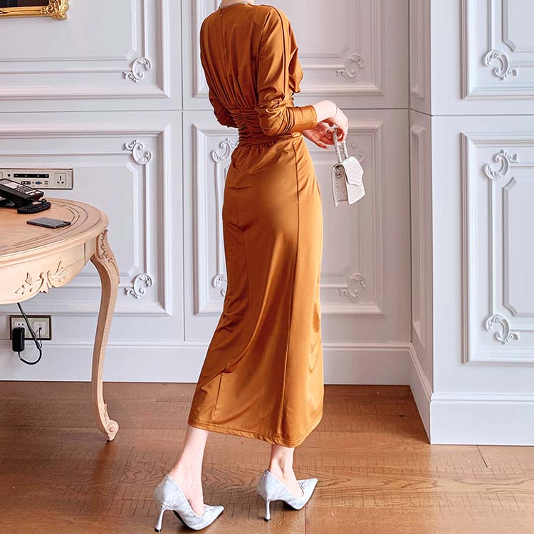 エレガント ドルマン袖 深スリット ロングワンピース