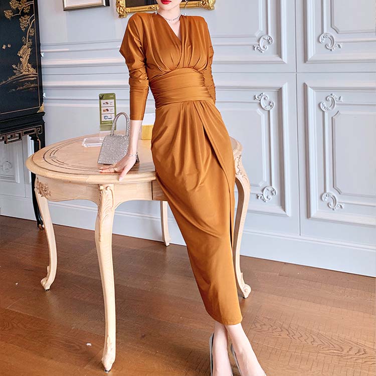 エレガント ドルマン袖 深スリット ロングワンピース