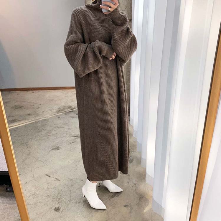 ゆったり ぽわん袖 ハイネック ロング ニットワンピース