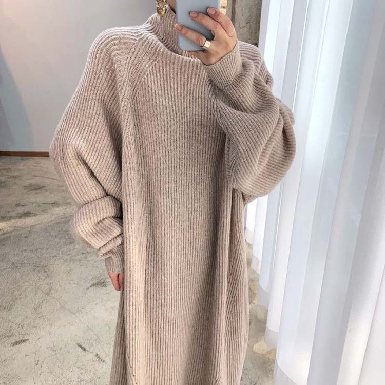 ゆったり ぽわん袖 ハイネック ロング ニットワンピース