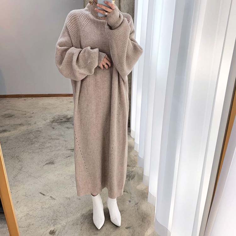 ゆったり ぽわん袖 ハイネック ロング ニットワンピース