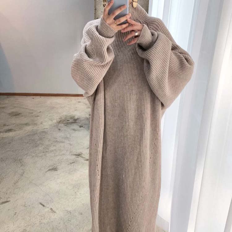 ゆったり ぽわん袖 ハイネック ロング ニットワンピース